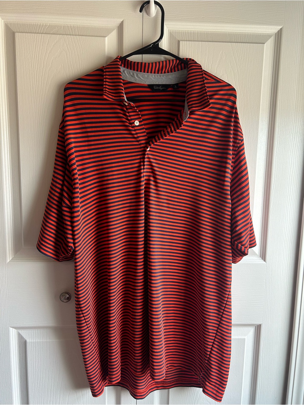 Walter Hagen Men's Orange/Navy Striped Button Polo Shirt - Size L